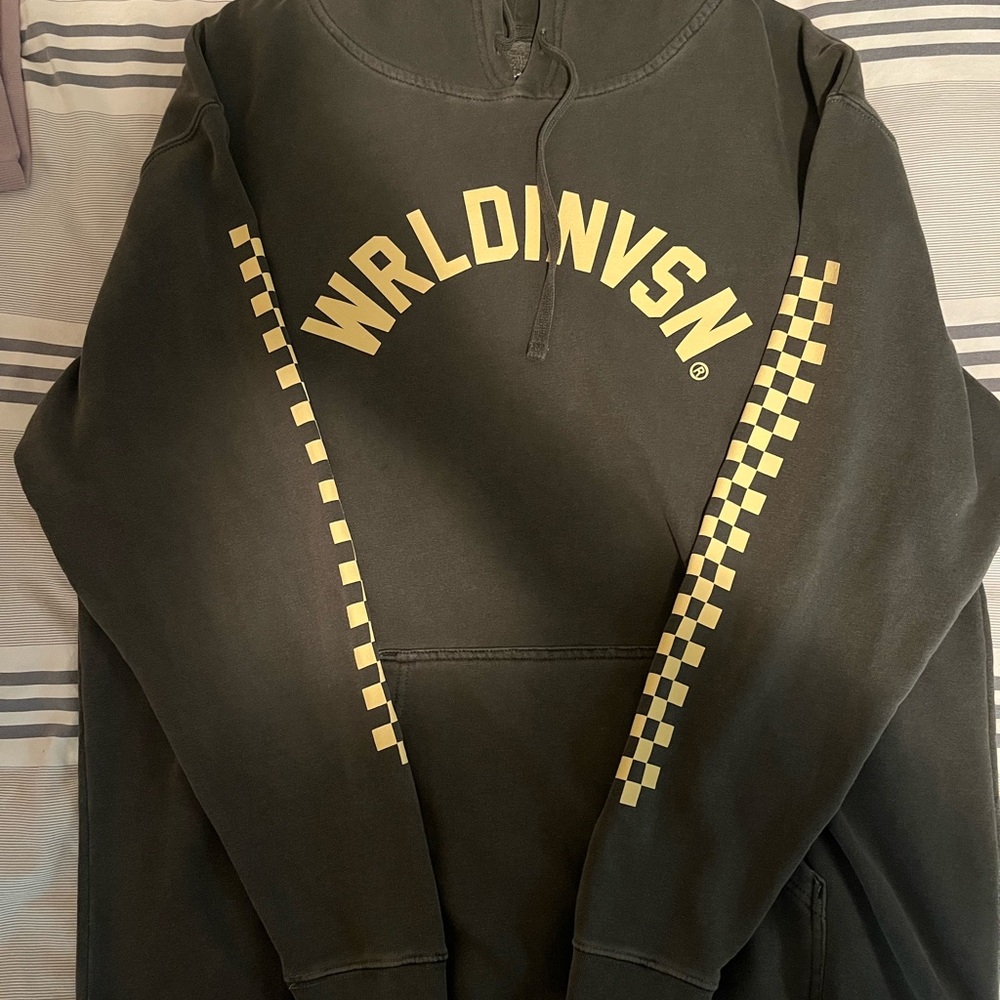 Black and Yellow Zip Up Sweater with Checkered Sleeves